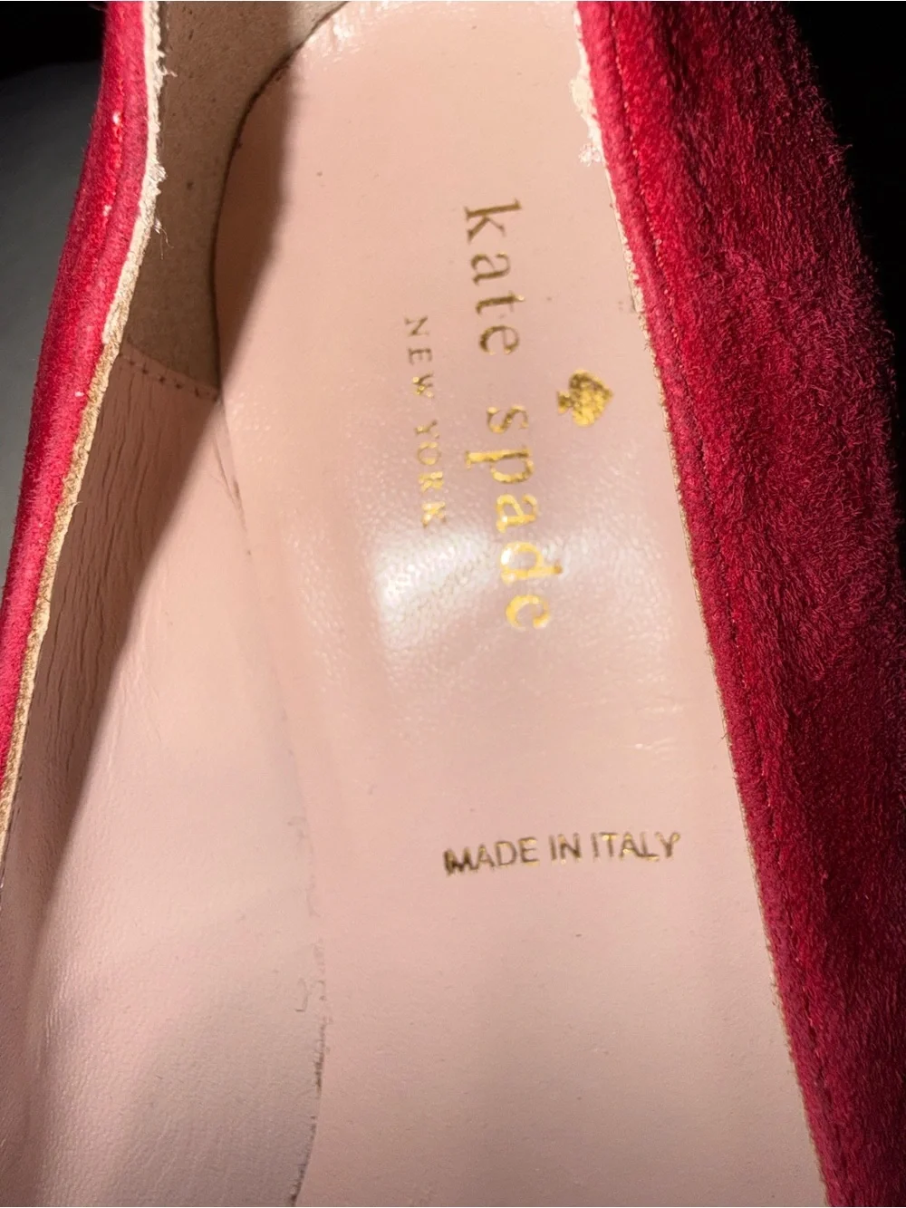 kate spade Red Suede Mid Block Heels with Gold Bow